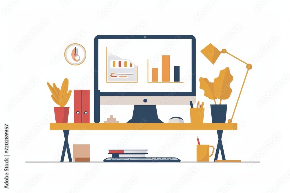 Poster A sleek and modern computer sits on a clutter-free desk, adorned with artistic illustrations and clipart, creating a visual masterpiece of design