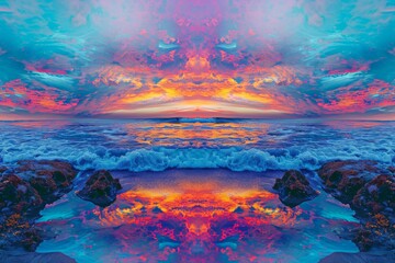 A breathtaking sunset painting captures the vibrant hues of a cloud-streaked sky above a tranquil ocean reef, evoking a sense of natural beauty and artistic wonder
