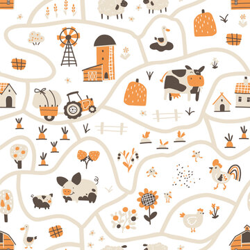 Farm map seamless pattern. Vector hand-drawn road with funny characters of pets, houses and barns with tractor and garden. Trendy doodle Scandinavian style, beige neutral palette.