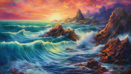 A vibrant coastal scene with rocky cliffs and crashing waves against a colorful sky. - 720290185