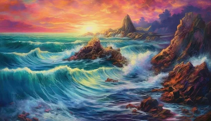 Foto op Canvas A vibrant coastal scene with rocky cliffs and crashing waves against a colorful sky. © Vitaly Art