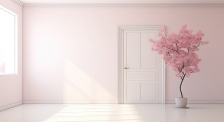 A photograph of a room painted in pink with a door and a pink tree.