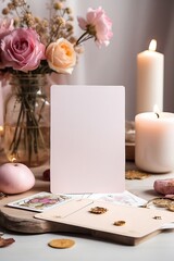 white blank card on a beautiful table. emphasis, focus, attention on white blank card. card directly in front
