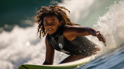 a black girl surfing in the sea take by professional photographer a great day in the stoke - obrazy, fototapety, plakaty