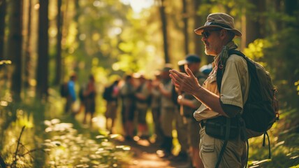 Senior guide leading a group hike in the woods - obrazy, fototapety, plakaty