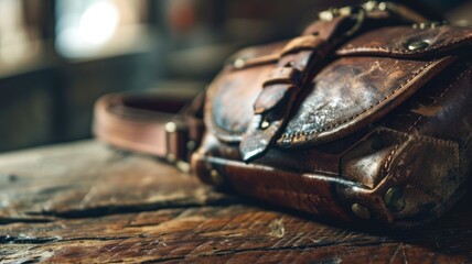 Aged brown leather bag on a textured wooden surface
