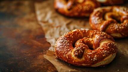 Delicious golden-brown pretzels with sesame seeds on baking paper - obrazy, fototapety, plakaty