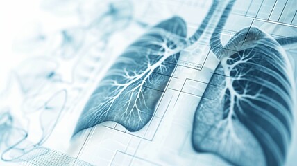 Digital render of human lungs with bronchial tree on a grid background