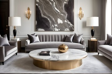 A marble coffee table next to a gray fabric sofa. Interior design of a modern living room in Hollywood Regency style.