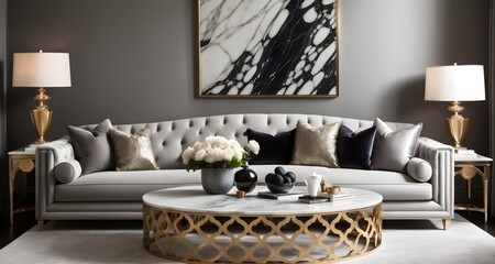 A marble coffee table next to a gray fabric sofa. Interior design of a modern living room in Hollywood Regency style.