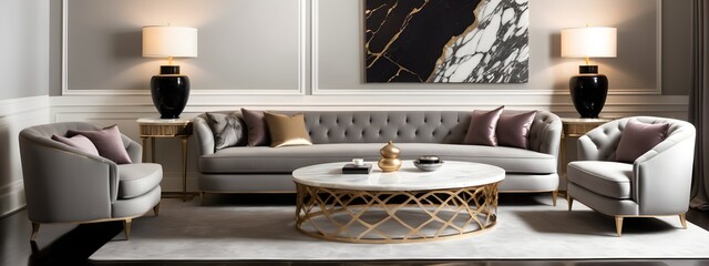 A marble coffee table next to a gray fabric sofa. Interior design of a modern living room in Hollywood Regency style.