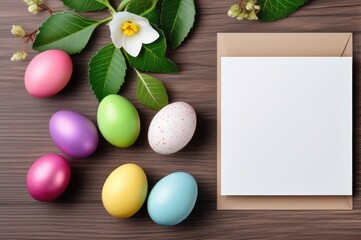 Obraz na płótnie Canvas Fresh Spring flowers with Easter Eggs on Wood