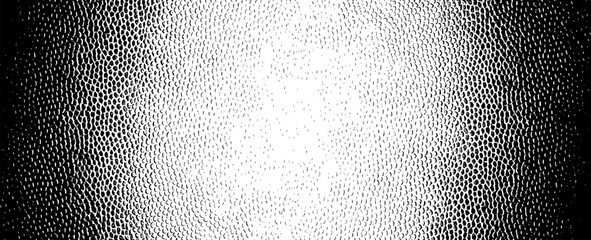 Panoramic abstract background with a radial gradient made of black stains of different sizes. Pointillism style. Background with irregular, chaotic dots. Reptile skin concept.