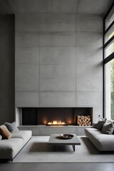Gray sofa next to the fireplace against the background of a concrete wall. Minimalist interior design for modern living room.