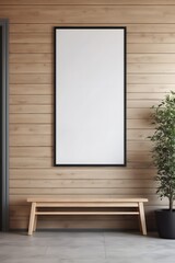 Interior design of a country house with a modern hallway. Wooden bench near wood paneled wall with empty mockup poster frame.