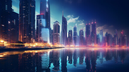 The landscape of the city at night time. Cityscape with houses and buildings and the beautiful night sky,,
A digital painting of a skyscraper with a reflection of the city in the water.
