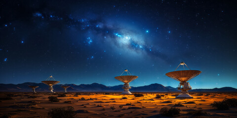 Giant radio telescopes under starry sky searching cosmic signals in desert, symbolizing...