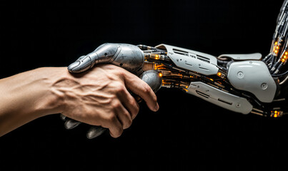 Human hand grasping a robotic hand, symbolizing the intersection of humanity and artificial intelligence in modern technology