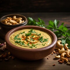 creamy cashew curry in a bowl with cashews and parsley on a wooden background