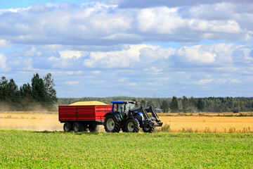 Rural Landsape with Tractor Hauling Load of Harvested Grain. Copy space for your text. 
