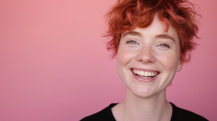 Woman Smiling with Red Hair on Pink Background - Playful Energetic Happy Cute Female Wallpaper created with Generative AI Technology
