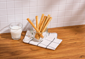 Proper tasty snack and milk. Cooking and healthy lifestyle. Copy space for text.