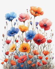 watercolor style poppies  with white background. In Latin papavers, very colorful and very nice illustration