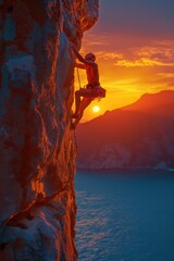 a rock climber silhouetted against a sunset sky. The climber is captured in a dynamic pose,  