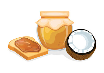 Toasted bread with coconut jam kaya vector illustration. Toast and sweet coconut spread still life vector. Jam jar with coconut and slice of bread icon isolated on a white background