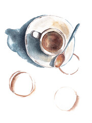 Hand watercolor Painted Cup of Coffee top view with color stains