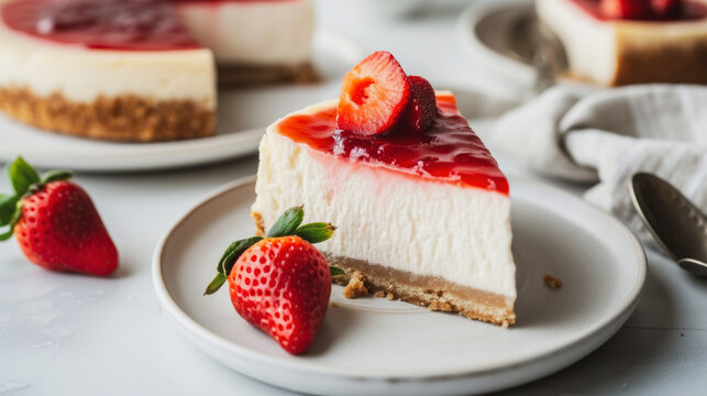 Delicious cheesecake topped with strawberries and berries on a plate, a sweet dessert treat