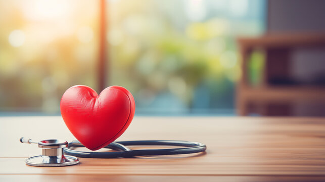Heart checkup, for preventing heart attack, heart disease, heart model with stethoscope for health care concerns, Wooden Table with Red Hearts