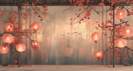 Happy Chinese new year background . Year of the dragon design wallpaper with Chinese hanging lantern, gold texture. AI generated illustration