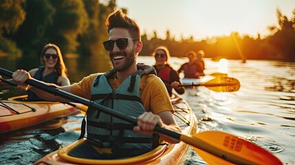 Happy young caucasian group of friends kayaking on river with sunset in the backgrounds. Having fun in leisure activity. Happy male and female model laughing on the kayak. Sport, relations concept. - obrazy, fototapety, plakaty