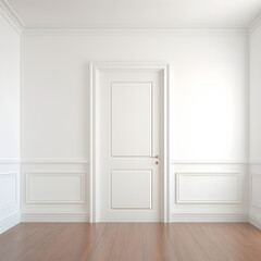 Empty white bedroom with a white door 