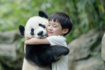 Obraz premium Young boy warmly embracing a cute baby panda