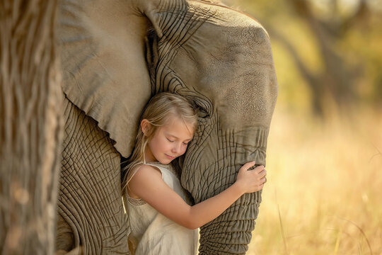 Young girl in tender embrace with a gentle elephant