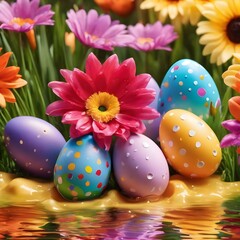 Fototapeta premium Easter eggs and spring flowers on a colorful background with water drops