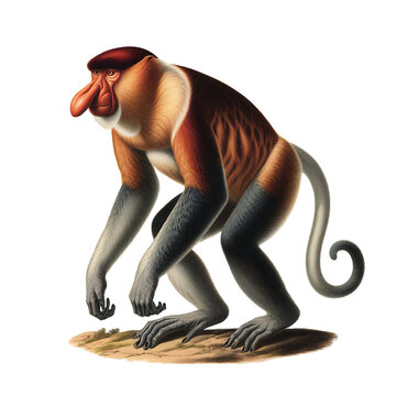 Vintage Lithography Illustration of a Proboscis Monkey (Nasalis larvatus)
