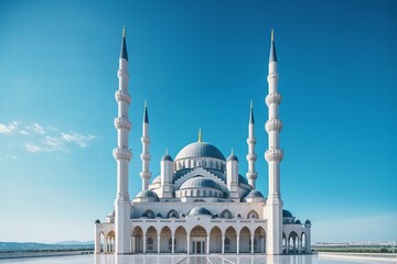 A majestic mosque stands tall against a clear blue sky, 