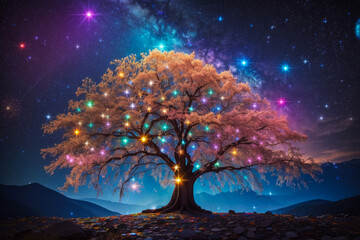 Alone tree with  fireflies or lightning bug in the night sky. A colorful winter landscape illustration, Generative AI