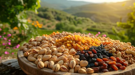 Fotobehang Bowl Of Dry Fruit In Front Of Green Hills And Mountains, Generative Ai © Jaunali