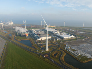 SustainableClimateVisuals Datacenter using sustainable energy produced by wind turbines. Eemshaven,...