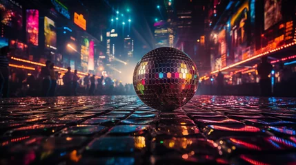 Poster Bright disco scene with neon lights and dazzling disco ball as the centerpiece © Katrin_Primak