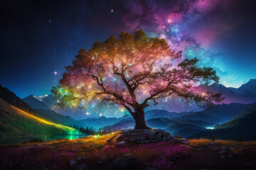 Fototapeta na wymiar Alone tree with fireflies or lightning bug in the night sky. A colorful winter landscape illustration, Generative AI