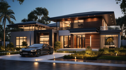 Beautiful evening exterior of a large modern home with glowing interior lighting and landscaping