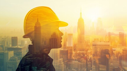profile of construction worker with a yellow protective helmet double exposure with skyscrappers