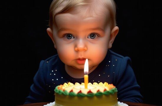 Caucasian baby blowing candles on delicious birthday cake on dark background, closeup