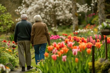 A caucasian elderly couple walking hand-in-hand