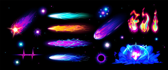 Speed effect. Magic cartoon VFX. Comic line blaster shot. Bomb boom smoke. Flash lightning motion. Energy animation. Game spell light. Fire flame. Purple and green laser. Fantasy elements vector set © Natalia